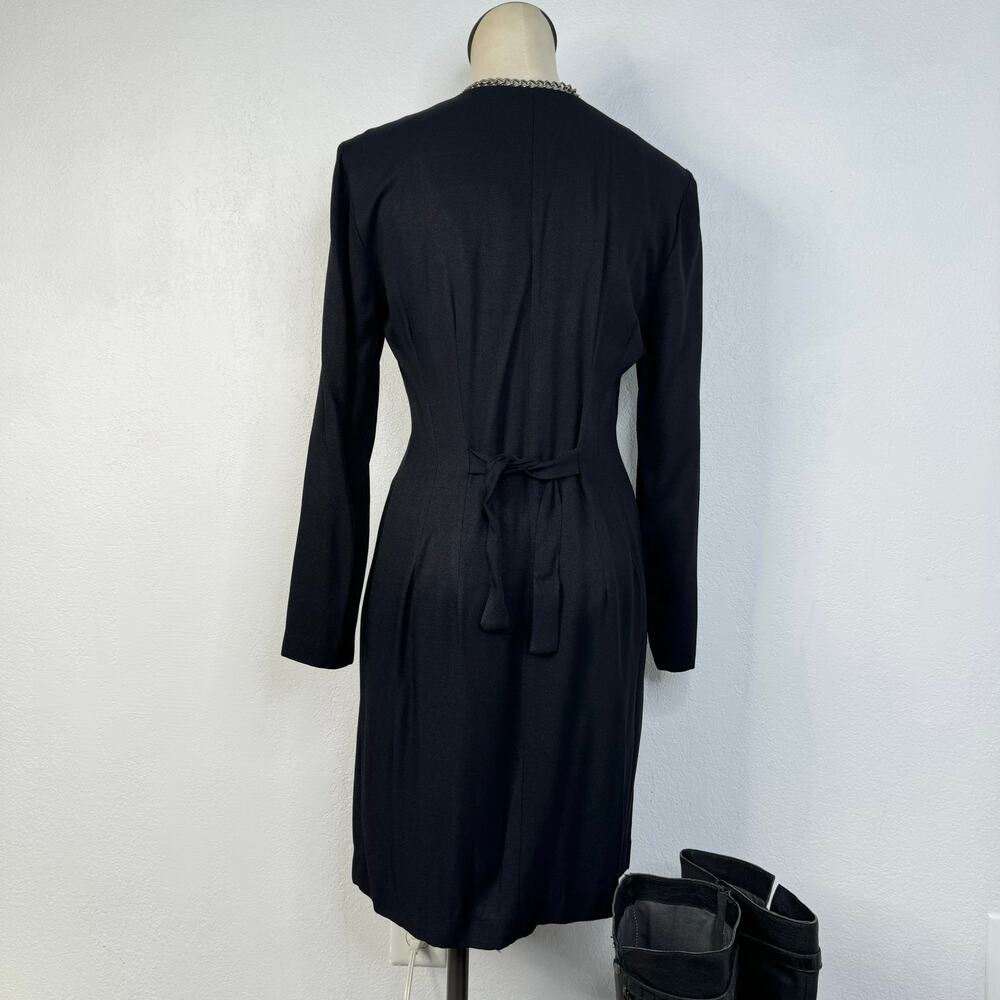 Vintage 80s 90s Black Button Front V-Neck Dress With Waist Tie Whimsigoth - Picture 4 of 6